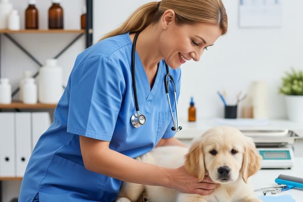 Pet-care,-portrait-and-dog-with-woman-in-veterinary-in-consultation-office-for-growth,-wellness-and-examination.